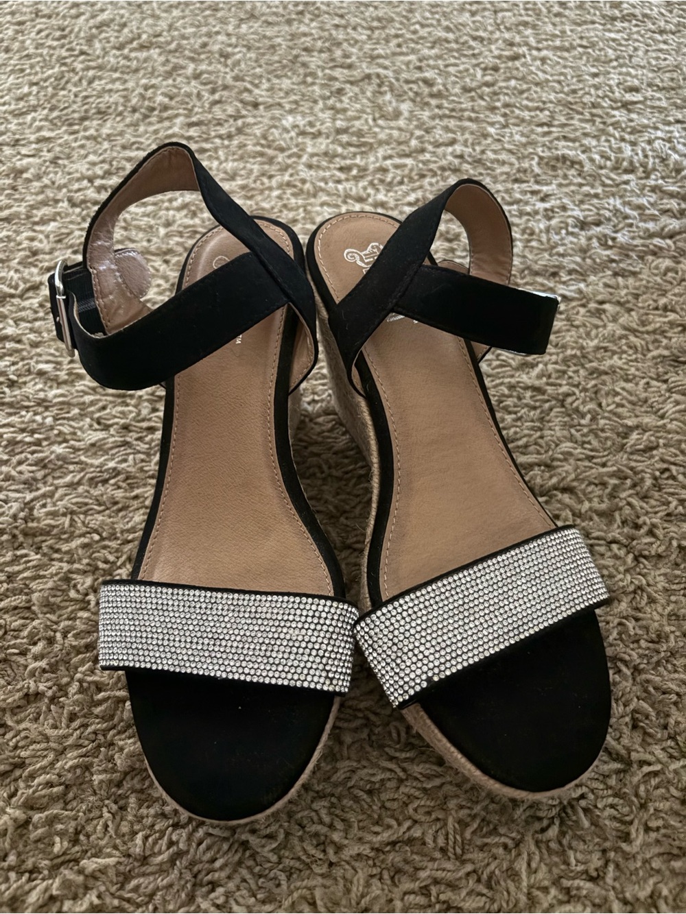 Black Wedge Sandals with Silver Rhinestone Strap